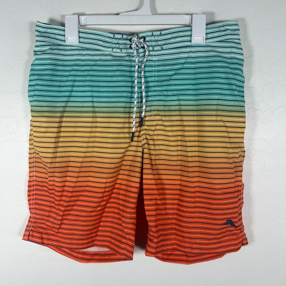 Tommy Bahama Swim Trunks Mens Large Blue Orange Mesh Lined Stretch Hawaiian‎